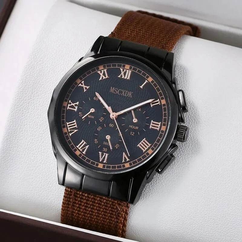 4pcs Brown Nylon Strap Quartz Watch With Bracelet For Men Casual Fashion Round Watch In Daily Sport