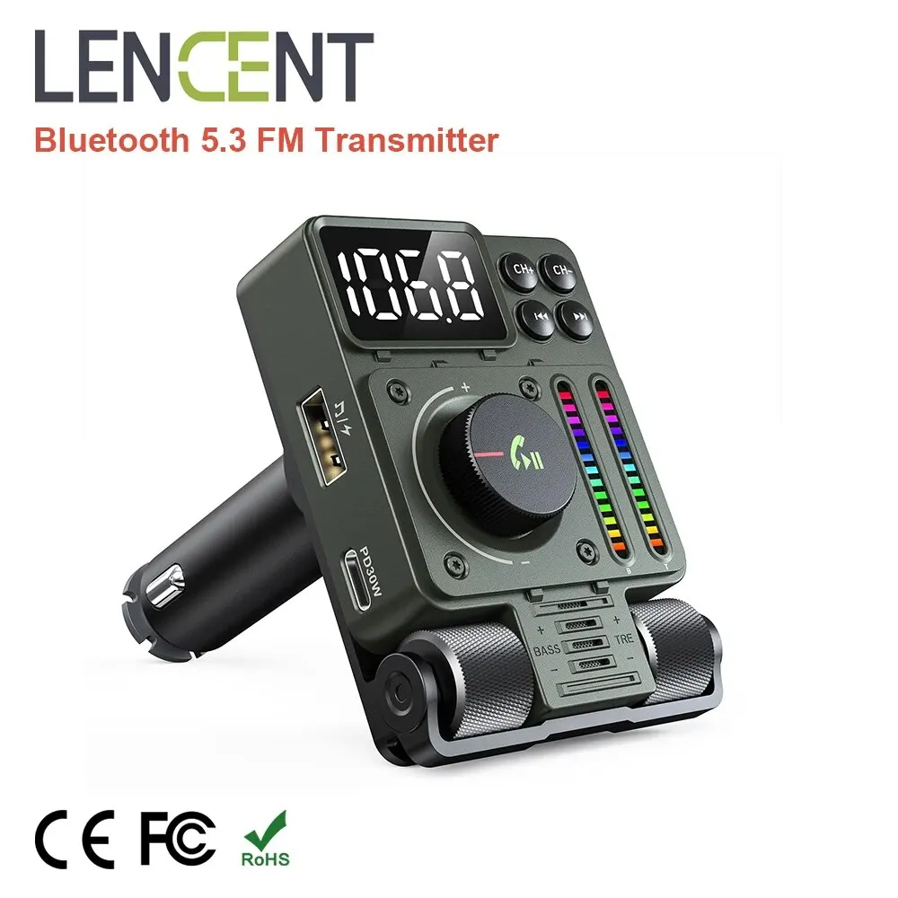 LENCENT Bluetooth 5.3 FM Transmitter do samochodu Regulowany odtwarzacz muzyczny z regulacją tonów wysokich i niskich Obsługuje szybkie ładowanie PD30W Zestaw samochodowy