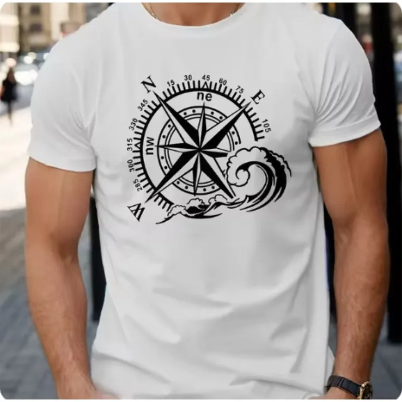 

2025 trendy retro casual 3D digital printing compass loose round neck versatile short sleeved casual T-shirt for men