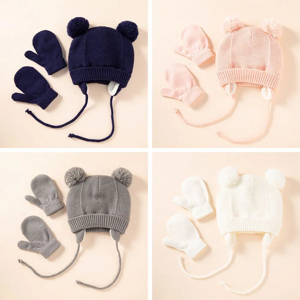 Toddler Warm Fleece Lined Earflap Beanie Hat Mittens Kids Hat Gloves Set Pom Pom Hat For 1-4 Years