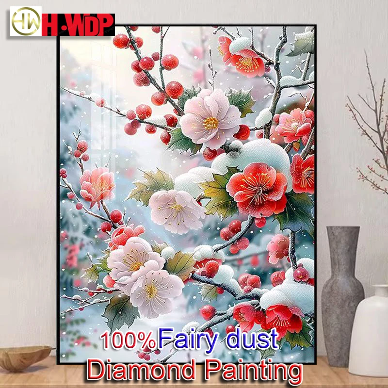 HWDP 100% Fairy Dust Diamond Painting Diamond Embroidery Wall Art Cross Stitch Plum Blossom Diamond Art Full Crystal Home Decor