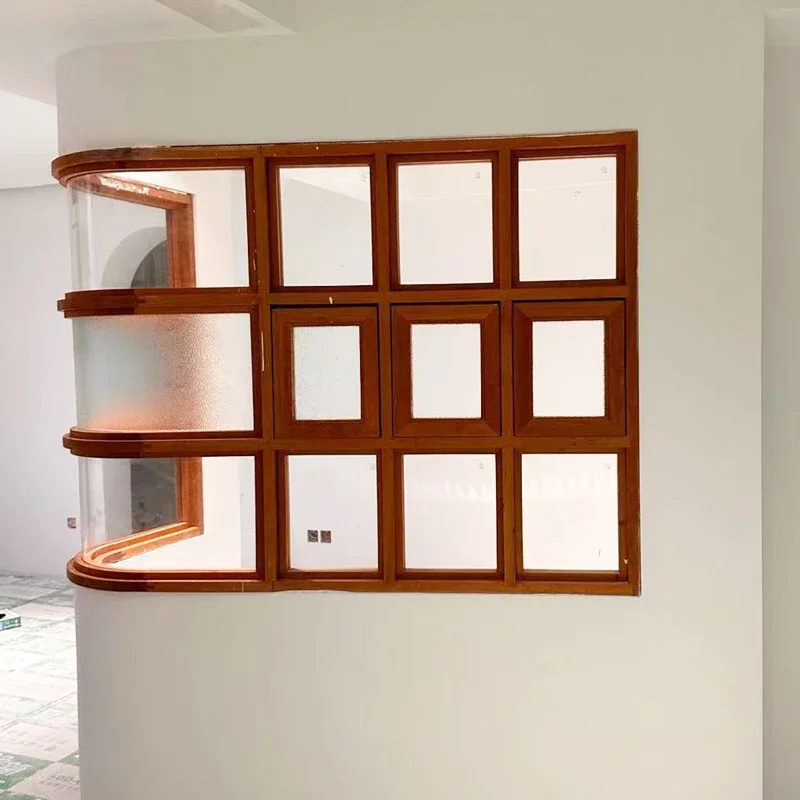 Solid wood curved corner wooden window special-shaped upper window folding wooden left and right sliding windows doors