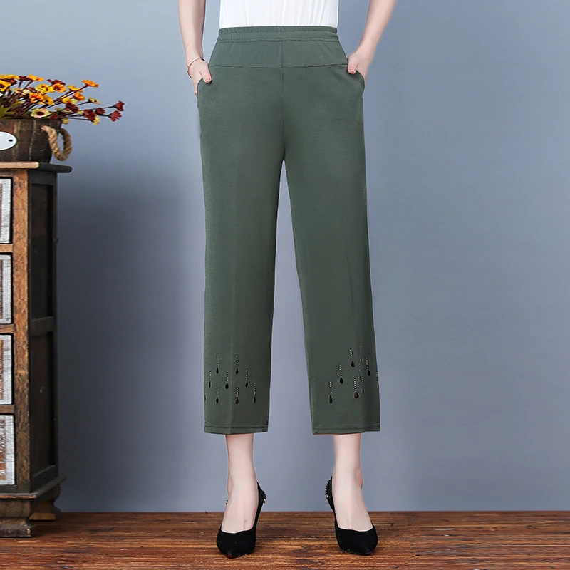 Nuevos pantalones de verano para mujer, pantalones informales elásticos de cintura alta, pantalones para mamá de mediana edad, Pantalones rectos de seda helada de talla grande para mujer 8XL