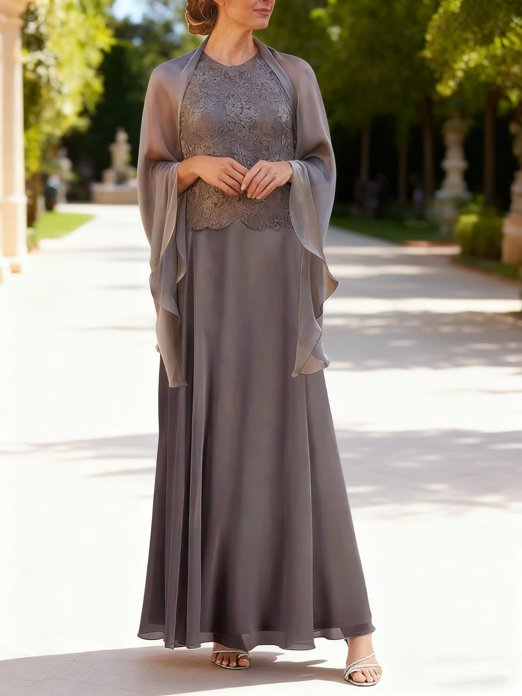 

2 Pieces Scoop Mother of The Groom Dresses Long Lace Formal Dress with Cape