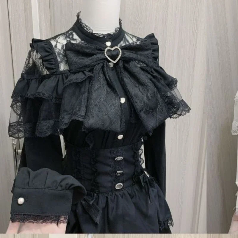 Blusas japonesas Kawaii de encaje de Lolita para mujer, camisas dulces de un solo pecho Harajuku, Tops con lazo Jk para mujer de verano