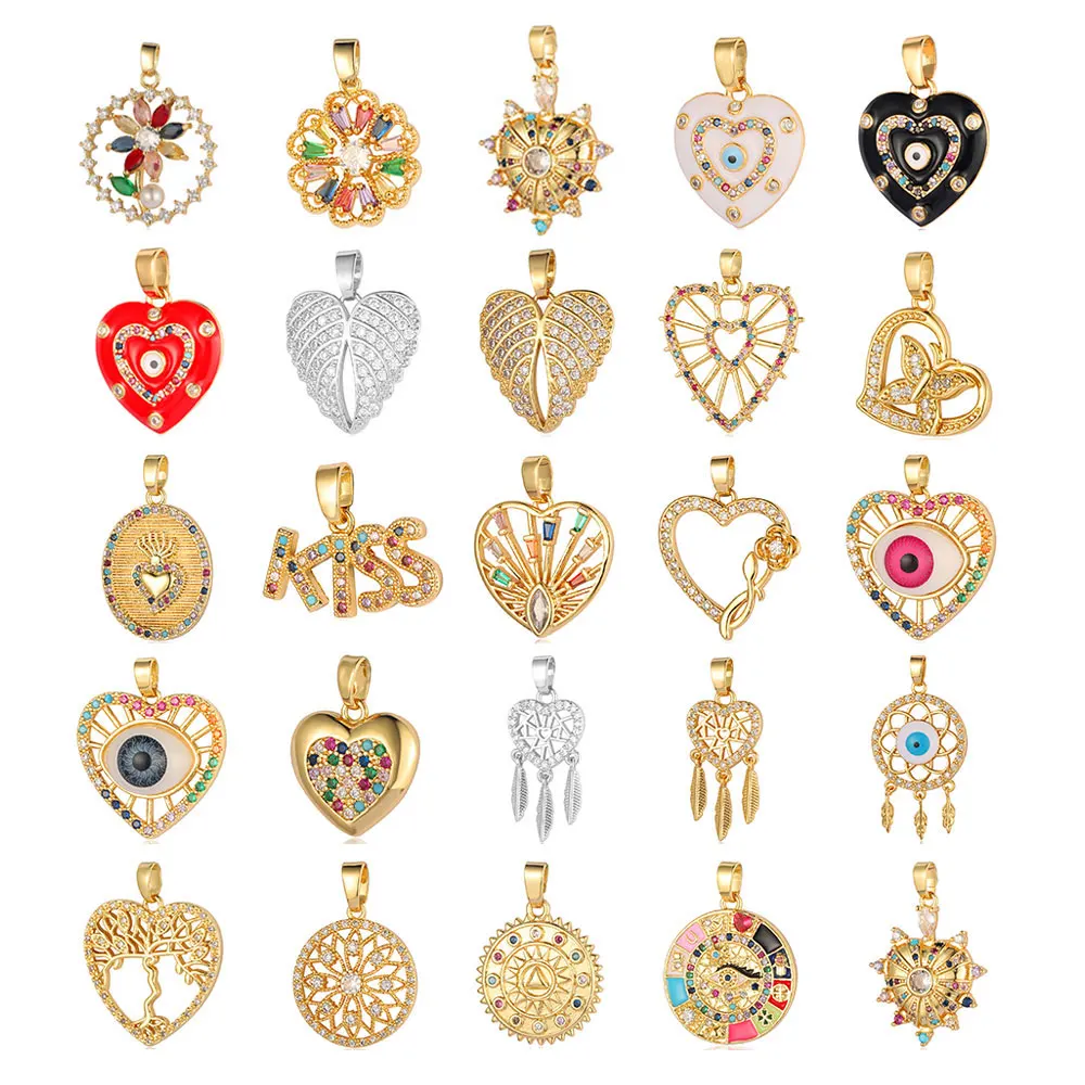 3pcs/Lot Wings Yoga Lotus Crown Flower Zircon Pendant Heart Butterfly Dream Catcher Brass Charms DIY Jewelry Necklace Making