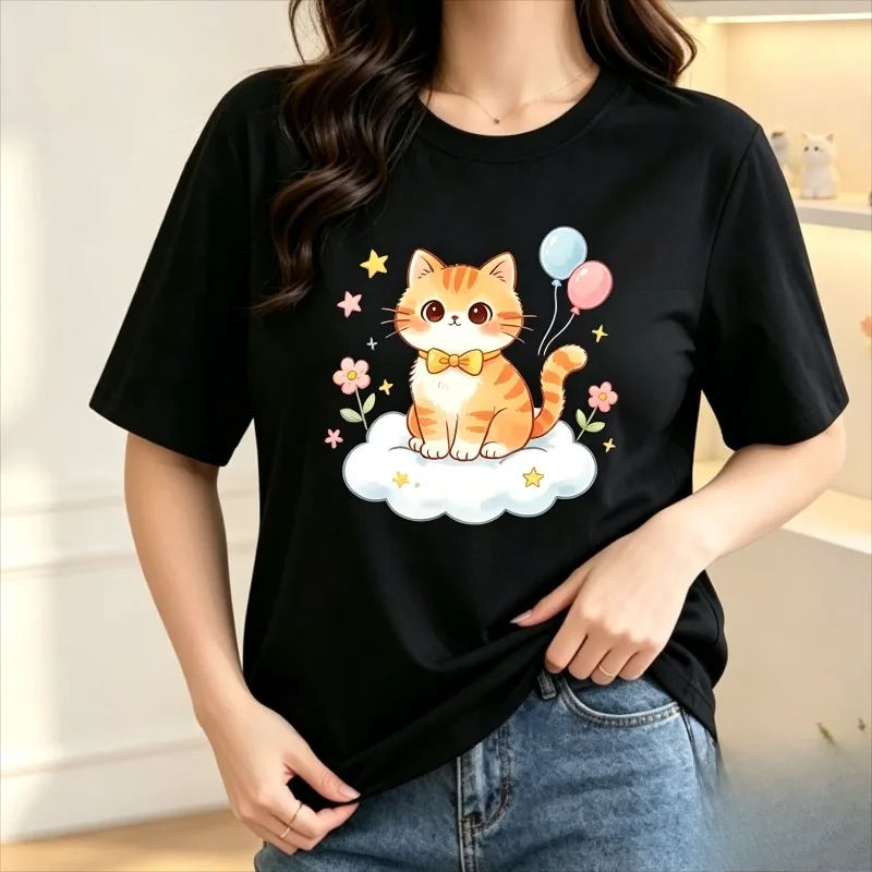 Cute Orange Cat Cloud Balloon Flower Women T Shirt Modal Fabric Casual Short Sleeve Tee Tops Gift for Her