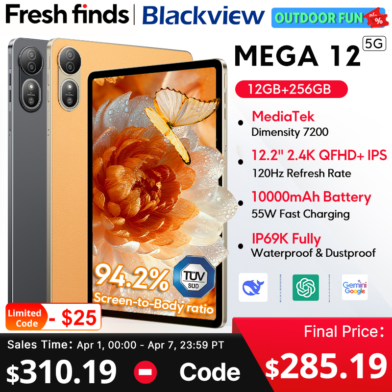  Blackview MEGA 12 Tablet 5G 12.2" 2.4K 120Hz Display Dimensity 7200 CPU IP69K Waterproof 50MP 10000mAh Pad PC 