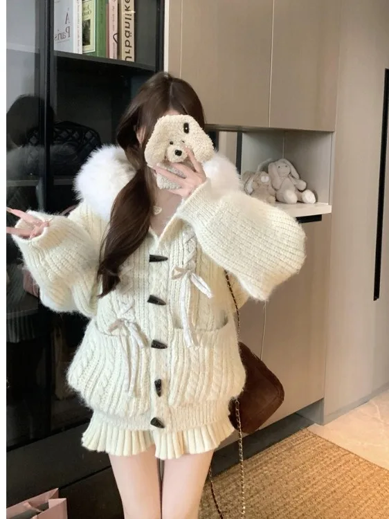 

plus Size Women's eepskin Coat with Hood Thi Warm Long Sve Knitted Outerwear Soft Rabbit Ear Fur Collar Autumn Winter ...