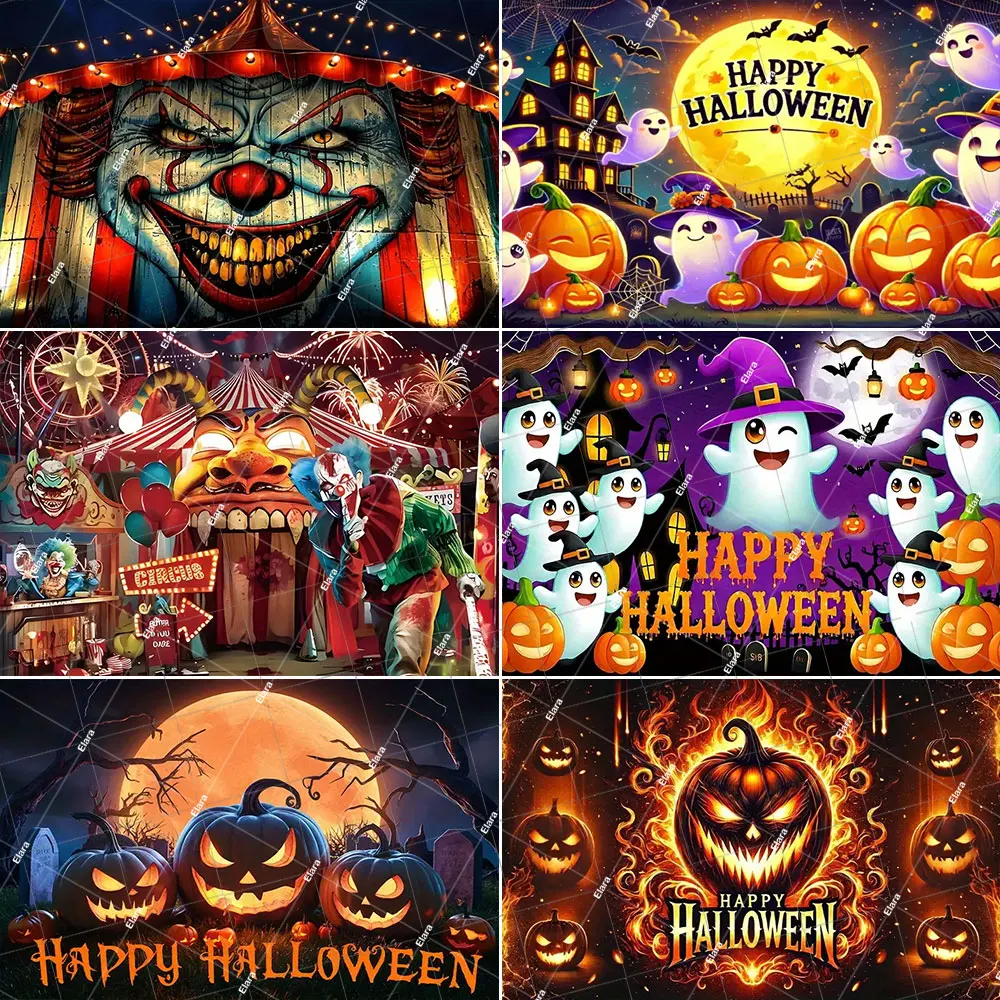

1pc Happy Halloween Party Castle Ghost Pumpkin Lantern Bat Spider Web Circus Clown Photography Background Photo Studio Props