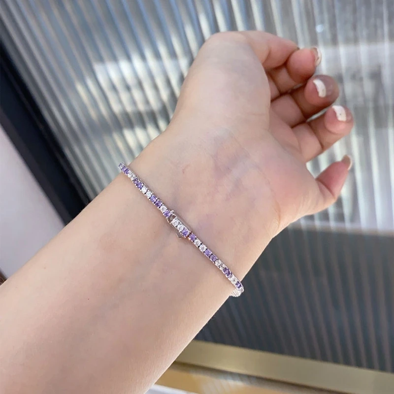 Bellux Interval Color Purple and White 3mm Tennis Chain Full Diamond Bracelet Women's Summer 925 Silver Fashion Design Bracelet