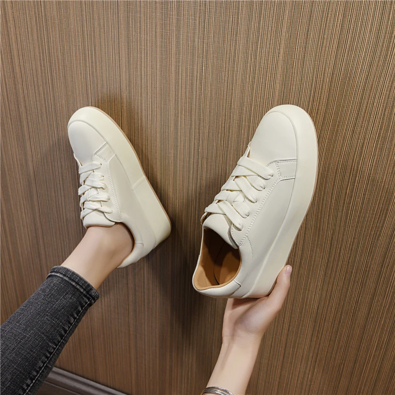 FEDONAS Fashion New Women Genuine Leather Sneakers Wedges High Heels Casual Shoes Cross-tied Round Toe Sport Shoes Woman