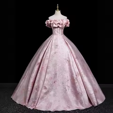 Elegant Pink Off-the-Shoulder Ruffle Neck Lolita Ball Gown Jacquard Floral Dress Tea Party Prom Formal Evening Victorian Dress