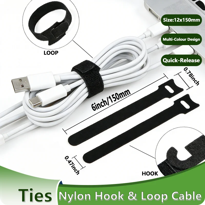 12x150mm-10~1000pcs-adjustable-cable-ties-multi-colour-nylon-t-type-hook-loop-tape-reusable-fastener-wire-tie-cable-organizer