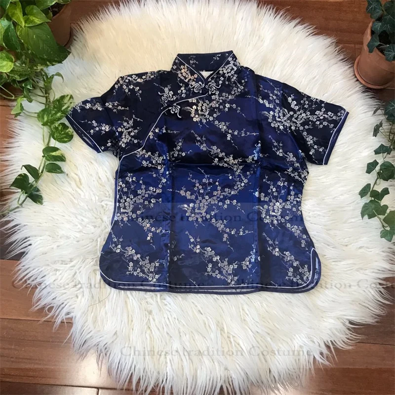 

Short Qipao Top Blue Flower Chinese Style Chesongam Shirt Women Elegant Tang Clothes Tradition Asia Style Blouse Hanfu Tops
