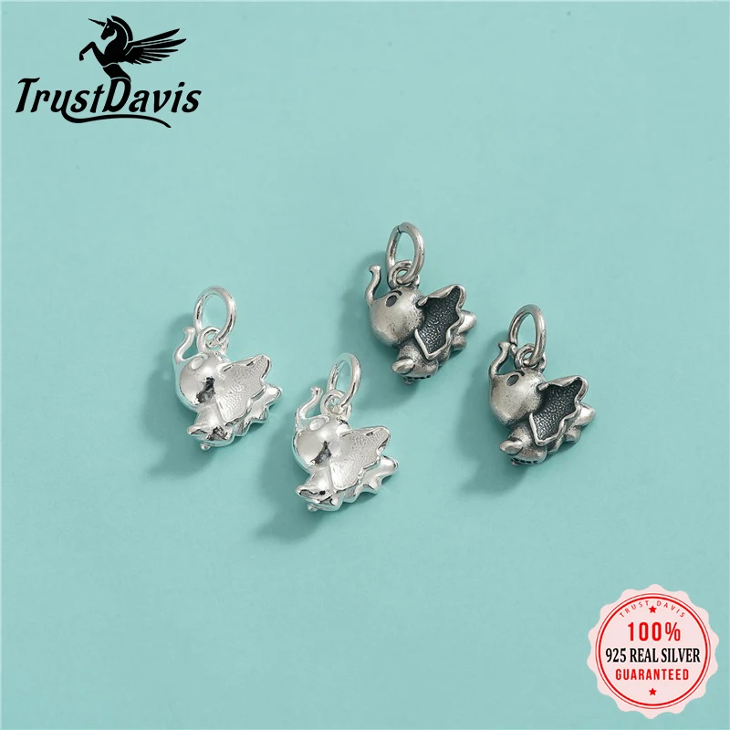 TrustDavis 925 Sterling Silver Cute Little Flying Elephant Pendant Pendant DIY Necklace Bracelet Accessories Fine Jewelry DZ1826