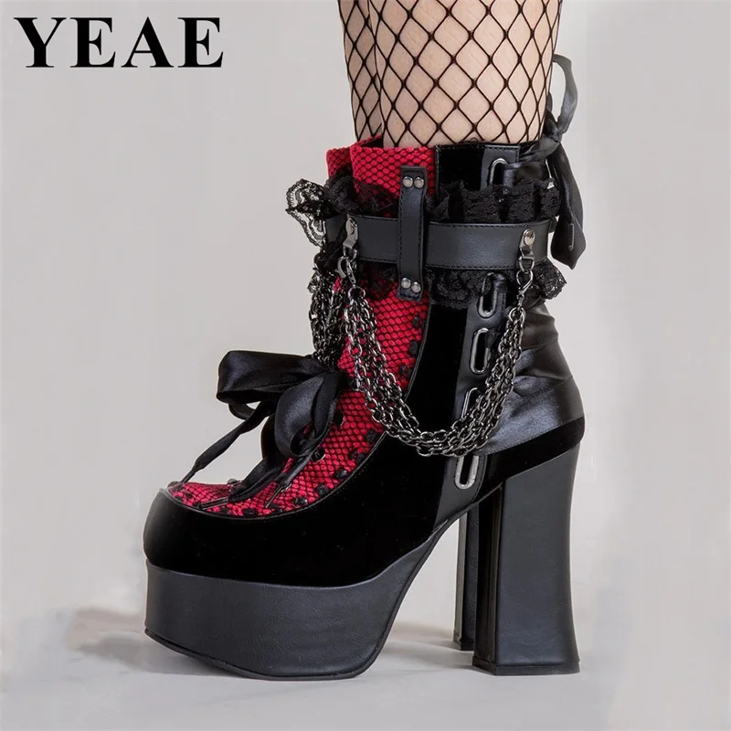 Gothic Style Chain Lace Up Bow Women Short Boots Retro Round Toe Square Heel Chunky Platform Ankle Boots Punk Ladies Party Shoes