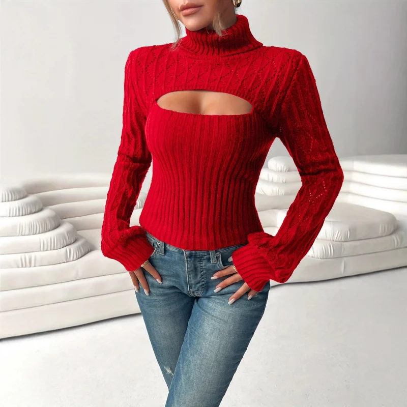 

Hollow-Out High Neck Textured Slim Sweater,Casual Long Sleeve Sweater Autumn Winter,Women Clothing