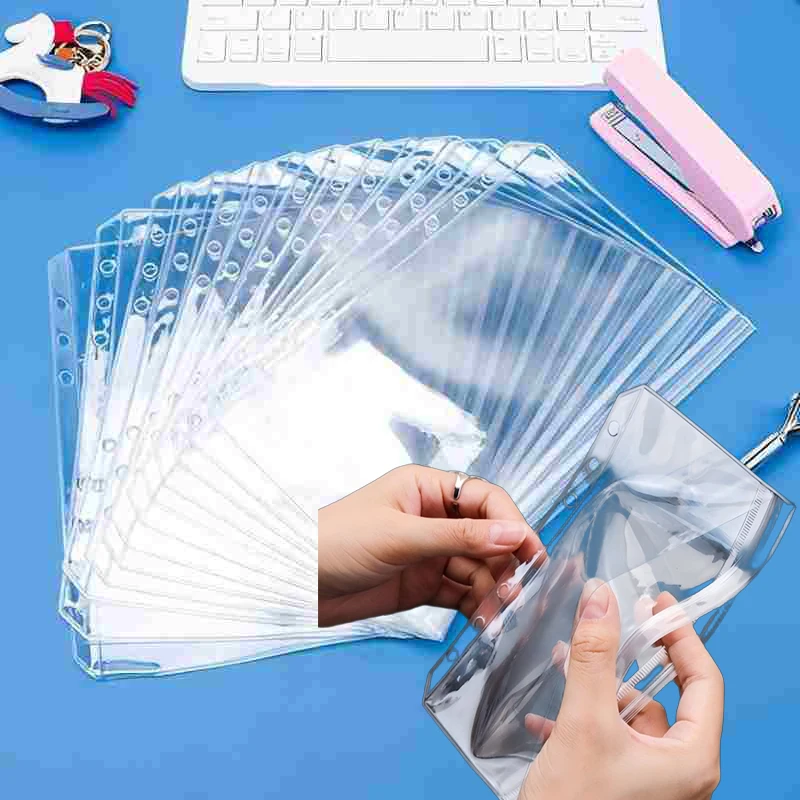 12pcs A5 A6 A7 dual use Binder Pockets,Transparent Zipper Folders and Side open Folders, ﻿6 Holes Waterproof PVC Cash Envelope