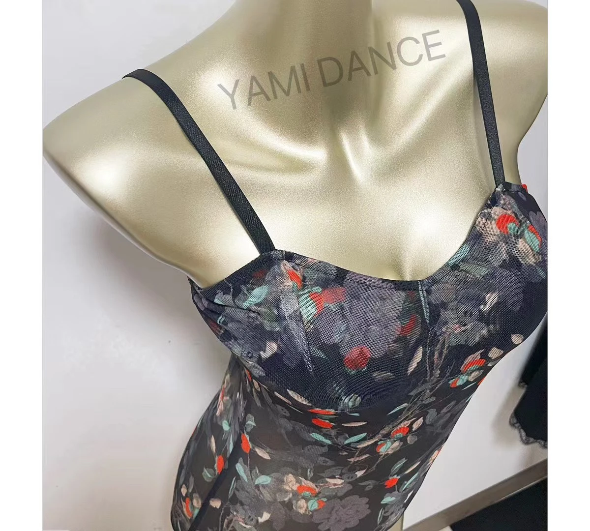 Sexy Printing Mesh Leotard Latin Dance Clothes Suspender Tops Women Rumba Ballroom Dance Practice Performance Clothing DNV20748