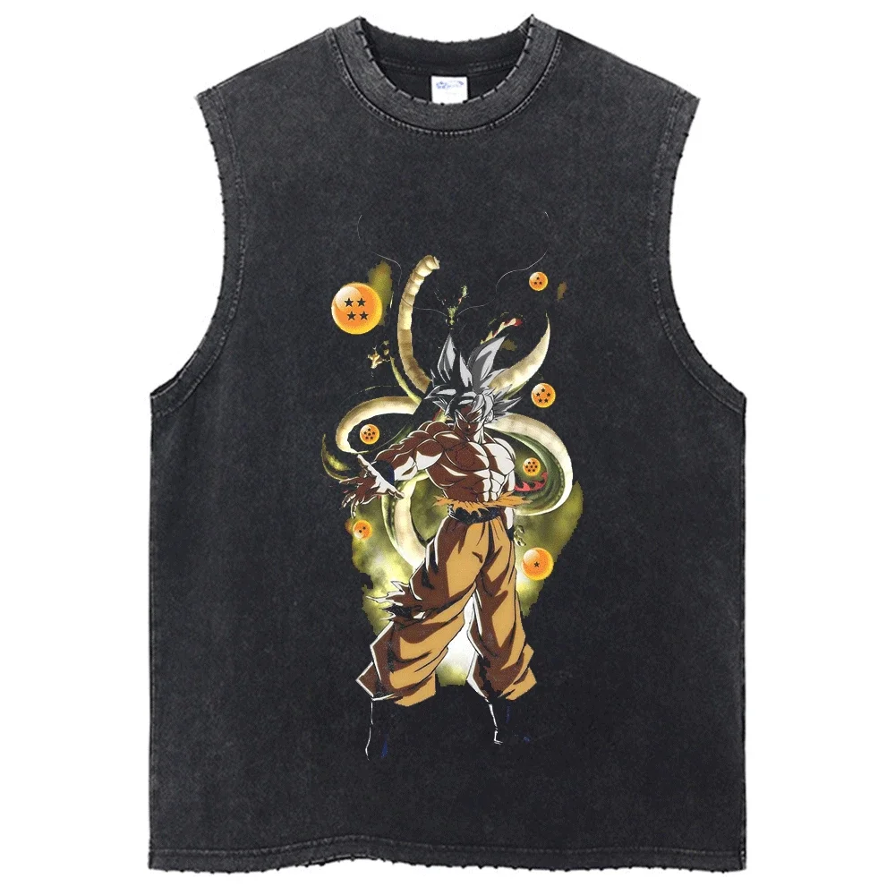 

2024 New Hip Hop Streetwear Washed Sleeveless Tshirt Vintage Tank Tops Sleeveless Dragon Ball Anime Graphic Harajuku Cotton Vest