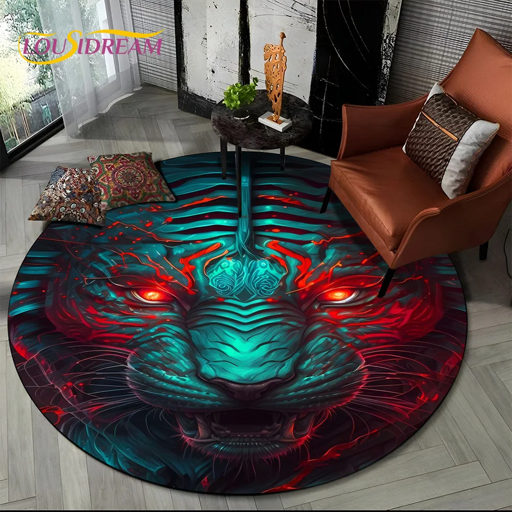 Beast Tiger Lion Leopard Animal Wildlife Cartoon Round Carpet Rug for Living Room Bedroom Child Decor,Pet Area Rug Non-slip Mat