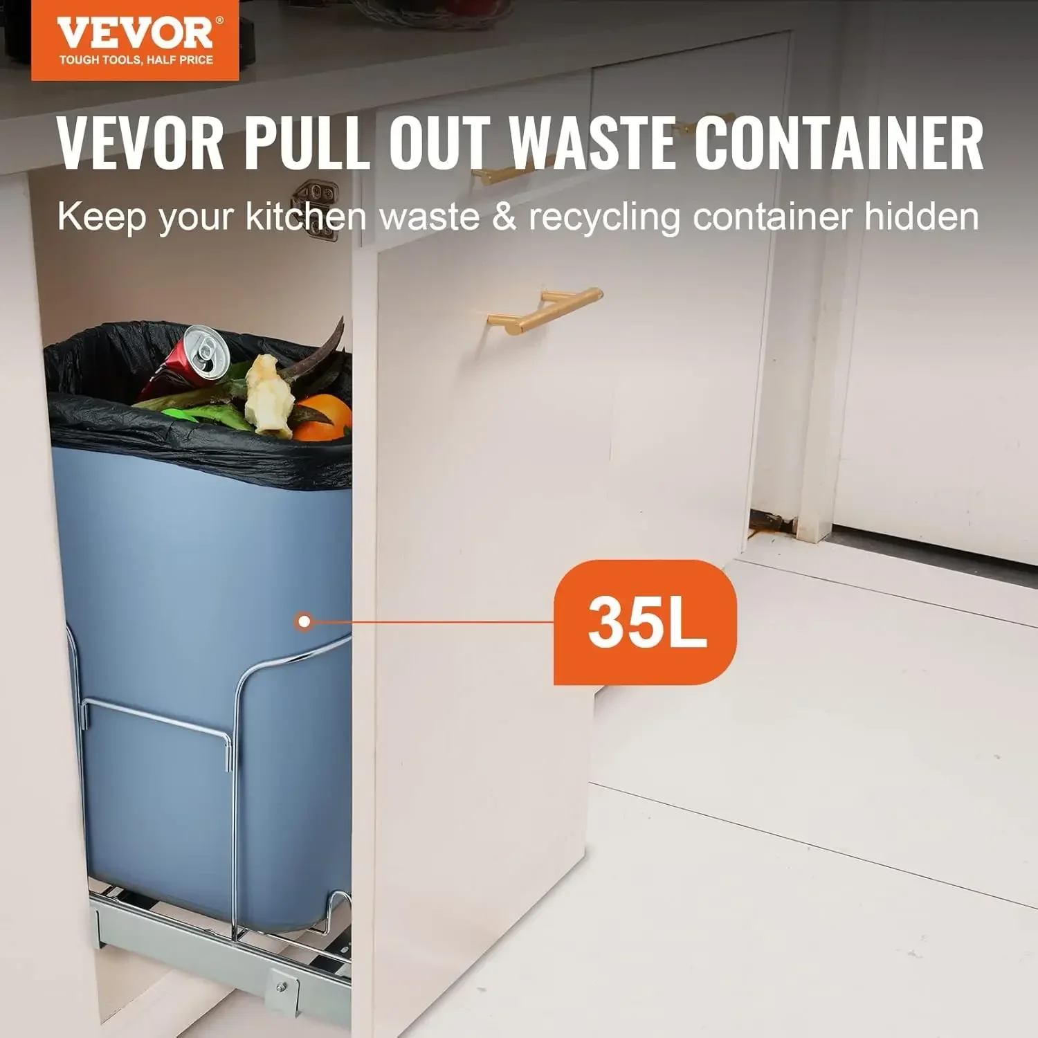 

[XMSJ-Limited Stock, Buy Now!]Pull-Out Trash Can, 35L Single Bin, Under Mount Kitchen Waste Container with Slide, Handle and Doo