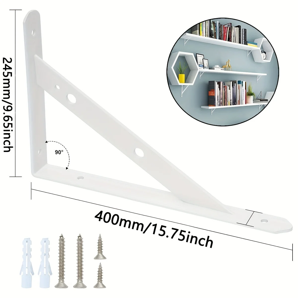15.75x9.65 inch 2 Pcs Heavy Duty Shelf Brackets , Floating Shelves White Triangle Shelf Brackets, 90 Degree Angle Wall Mounted
