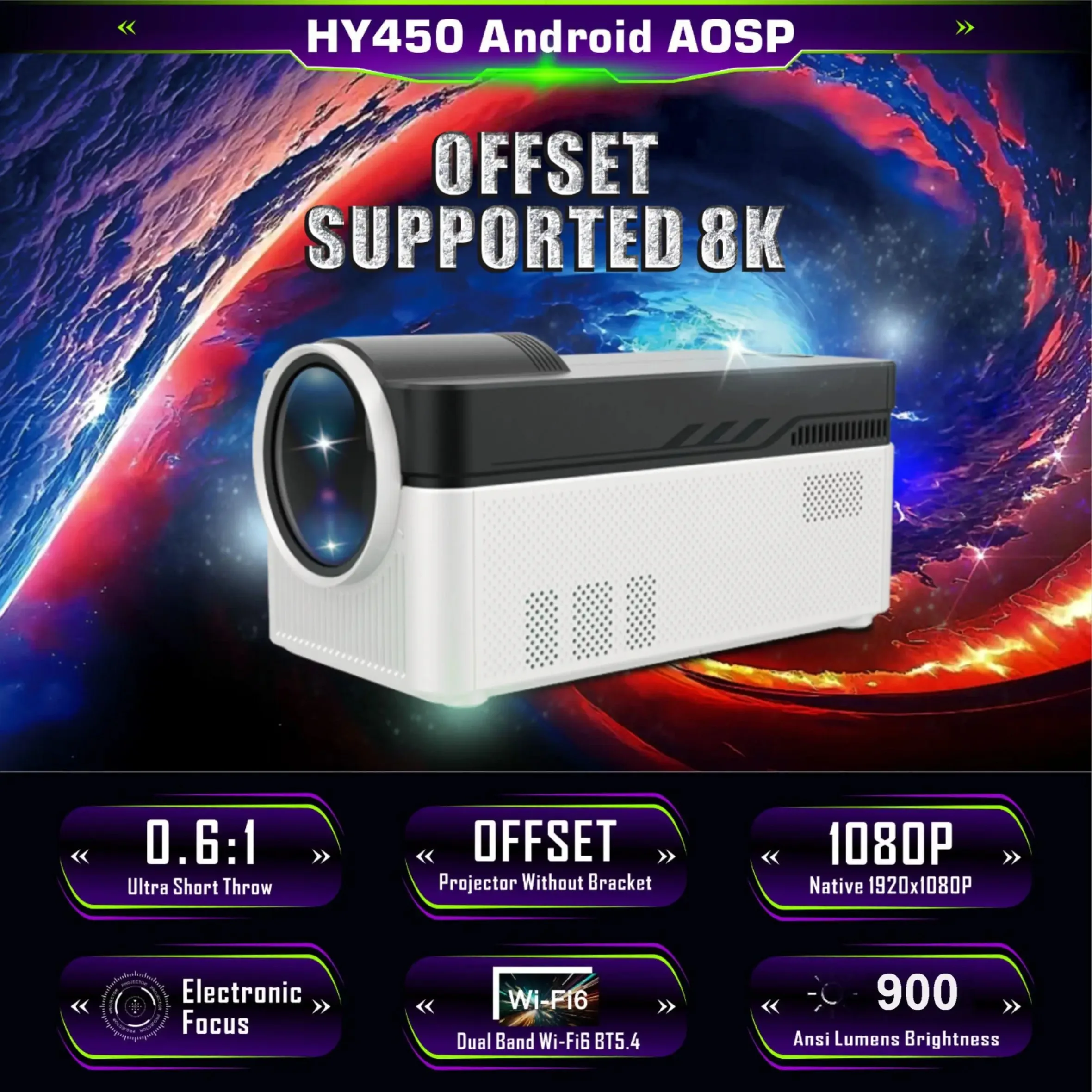 

HY450 Projector 900ANSI 2G/32G 1920X1080 with Auto Offset 8K 4K BT5.4 Electronic Focus WiFi6 AllwinnerH716 Voice