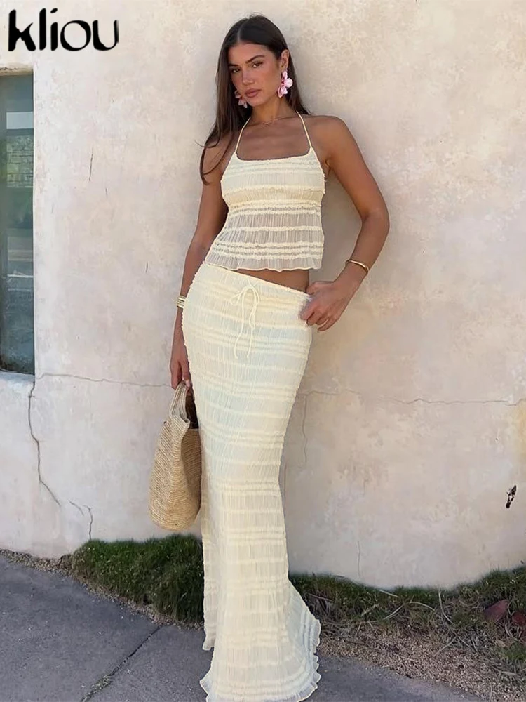 kliou Mesh Shirring Women 2 Piece Set Solid Unique Halter Backless Tanks+Matching Maxi Skirts Female Holiday Beach Outfits New