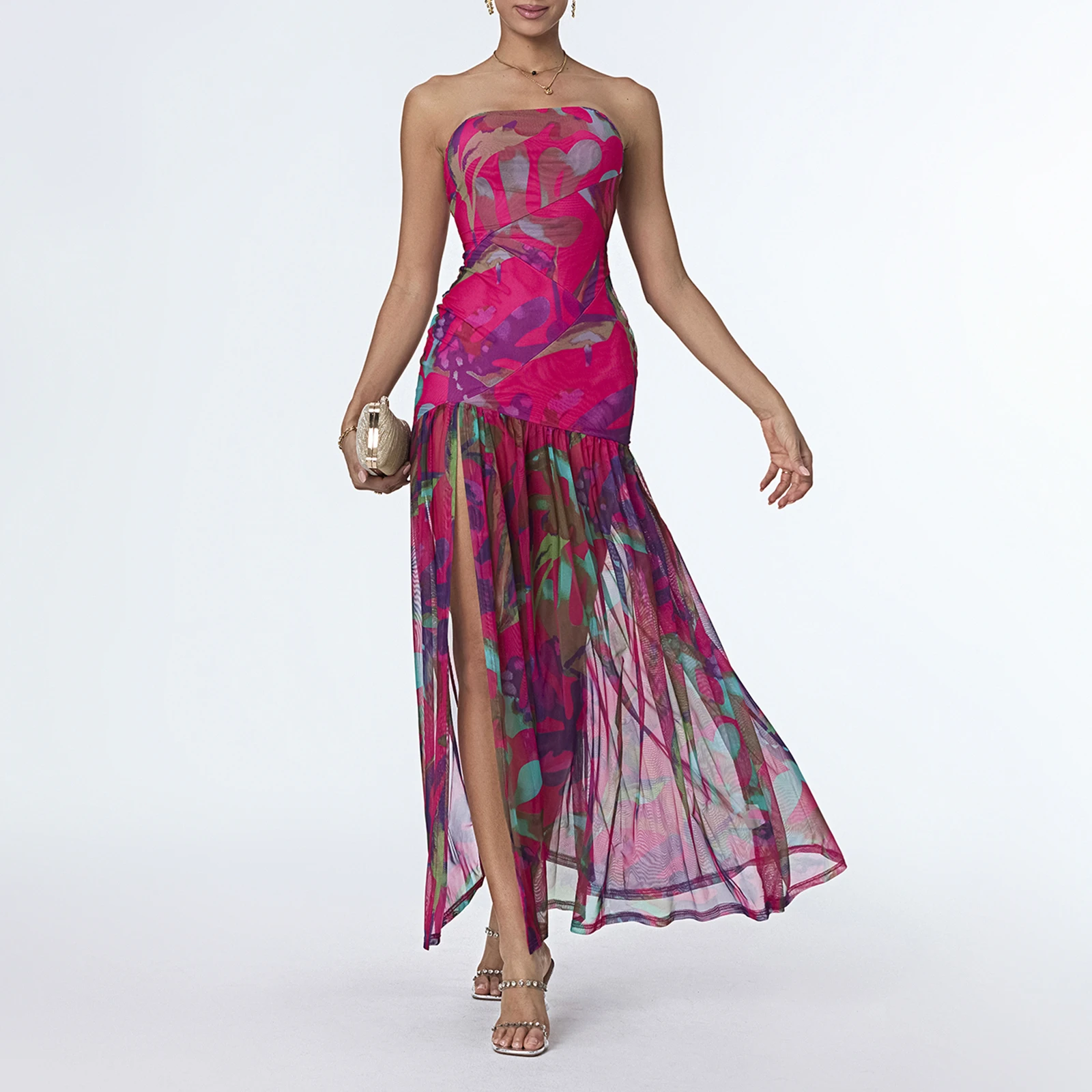 Women's Slim Fit Tube Top Dress Strapless Backless Mesh Patchwork Tropical Print with High Slit for Party Beach Night Outfits