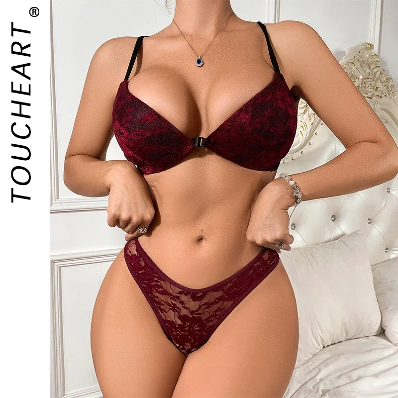 

Toucheart Sexy Lace Lingerie Panty Set For Women Solid Color Lace See-Through Sexy Suspender Bra Front Buckle Underwear Set New