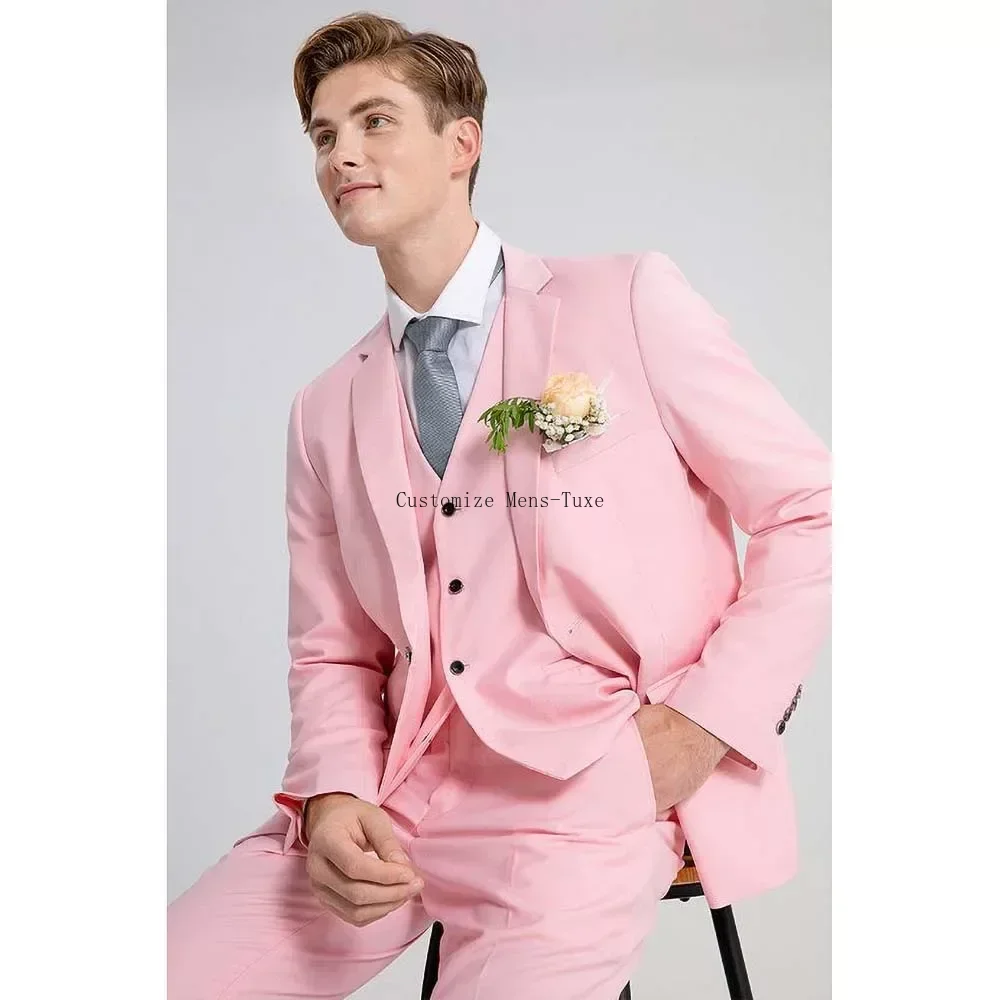 

Elegant Pink Suits for Men 3 Piece Formal Notch Lapel Wedding Groom Tuxedo Fashion Slim Casual Male Suit (Blazer+Vest+Pants)