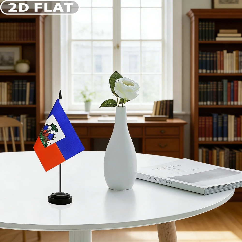 2D FLAT 1 Pack/2 Packs Haitian National Office Desk Flag, Small Tabletop Flag with Stand & Base for Office & Classroom Use