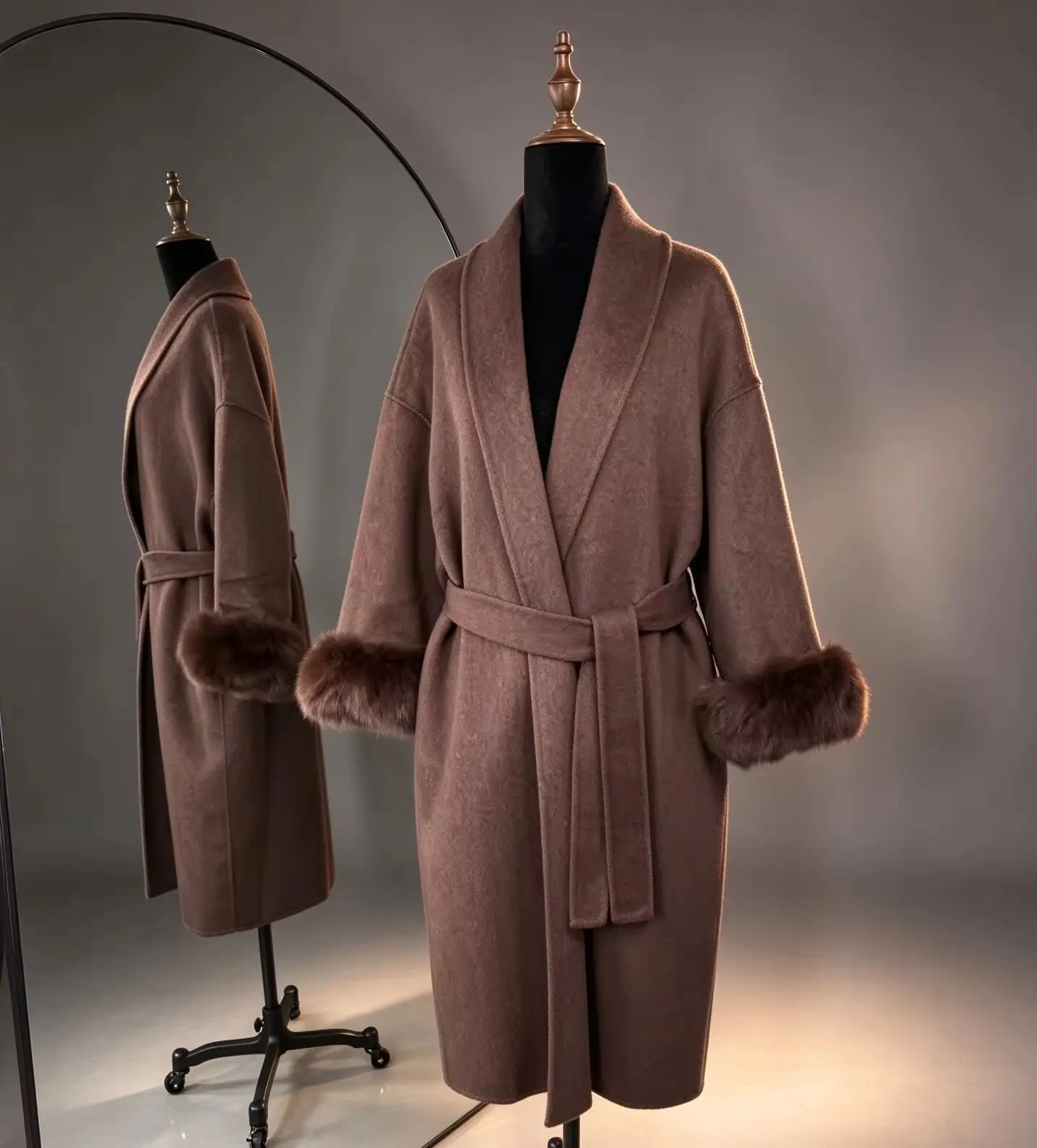 Glamorous Women’s Overcoat Shawl Collar Belted Wrap Style Fox Fur Cuff Hand Sewn Wool Craft Business Meeting Customized