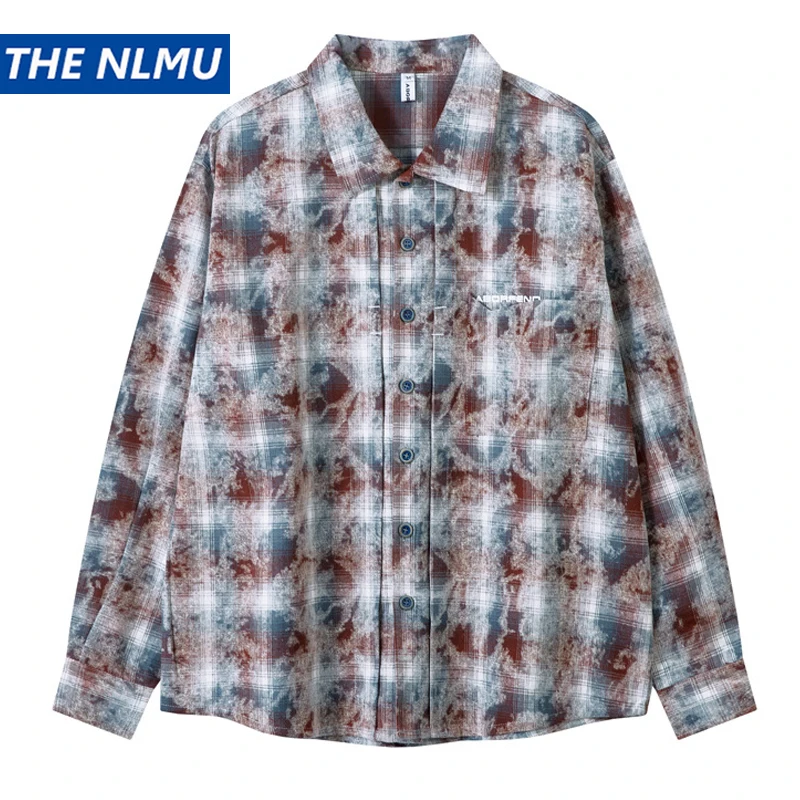 

Vintage Plaid Long Sleeve Shirt 2024 Autumn Tie-dyed Shirt for Men Retro Harajuku Coat Streetwear Casual Top