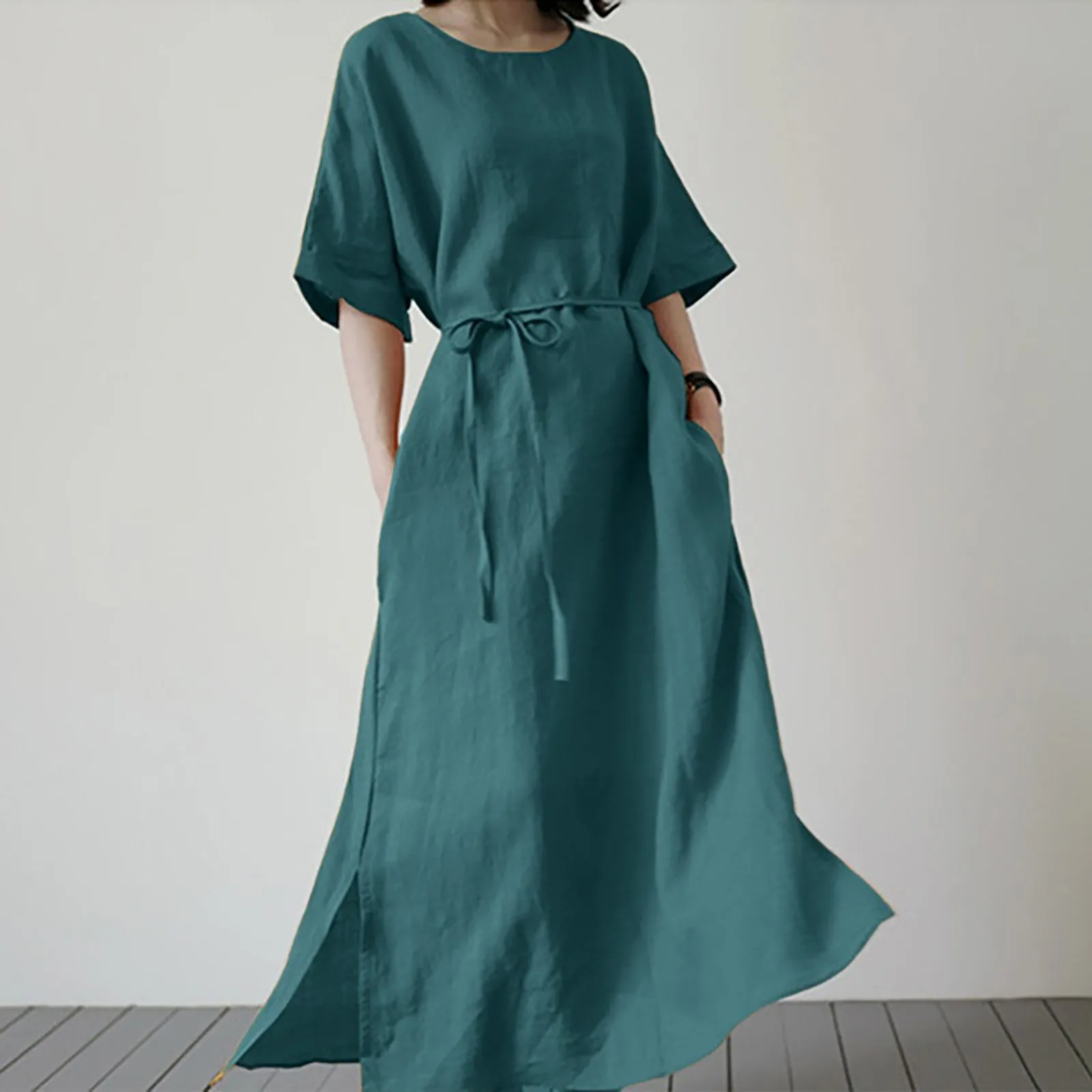 

Women's Casual Dresses Solid Color Loose Tie Waist Bownot Short Sleeve Crew Neck Formal Wedding Guest Dress Autumn Party Dress