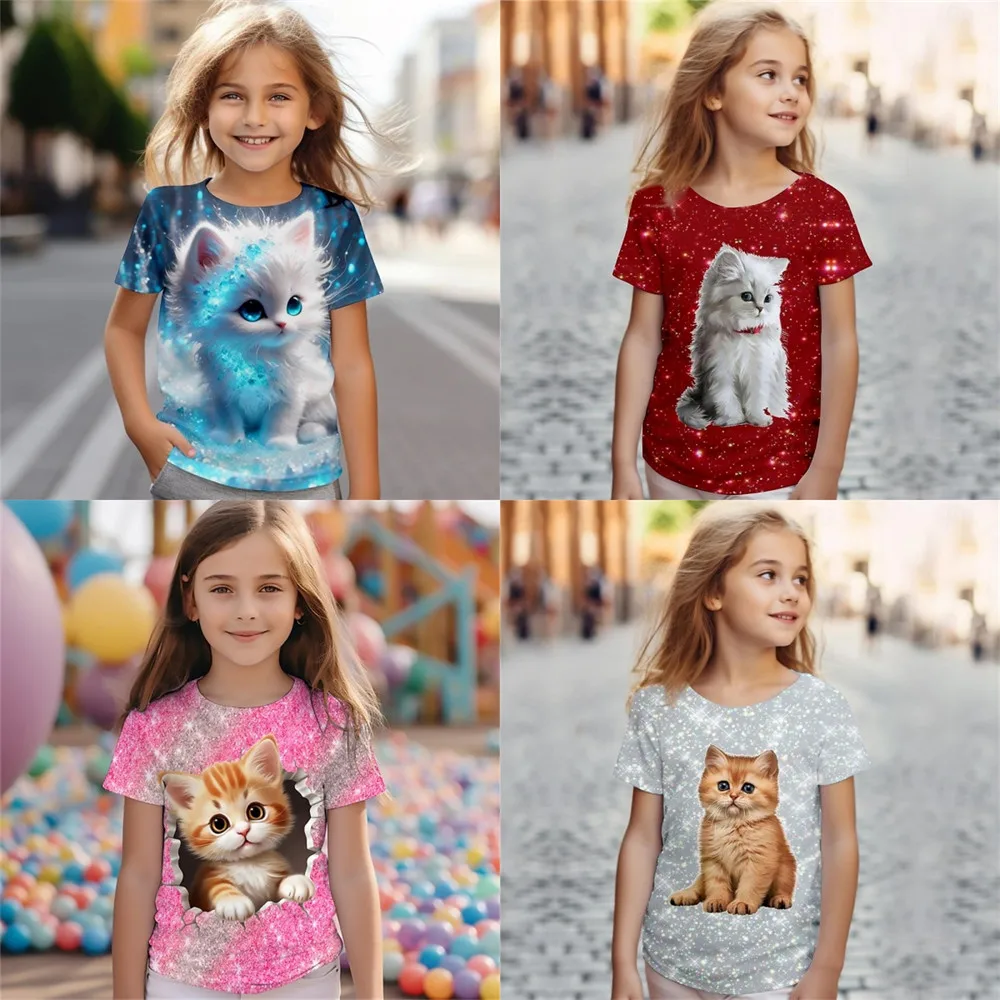 Kids Girls\' T Shirt Gradient Sequins Kawaii Cat Short Sleeve O-Neck Pajamas for Children Clothes Girls from 2 to 7 Years Tee Top