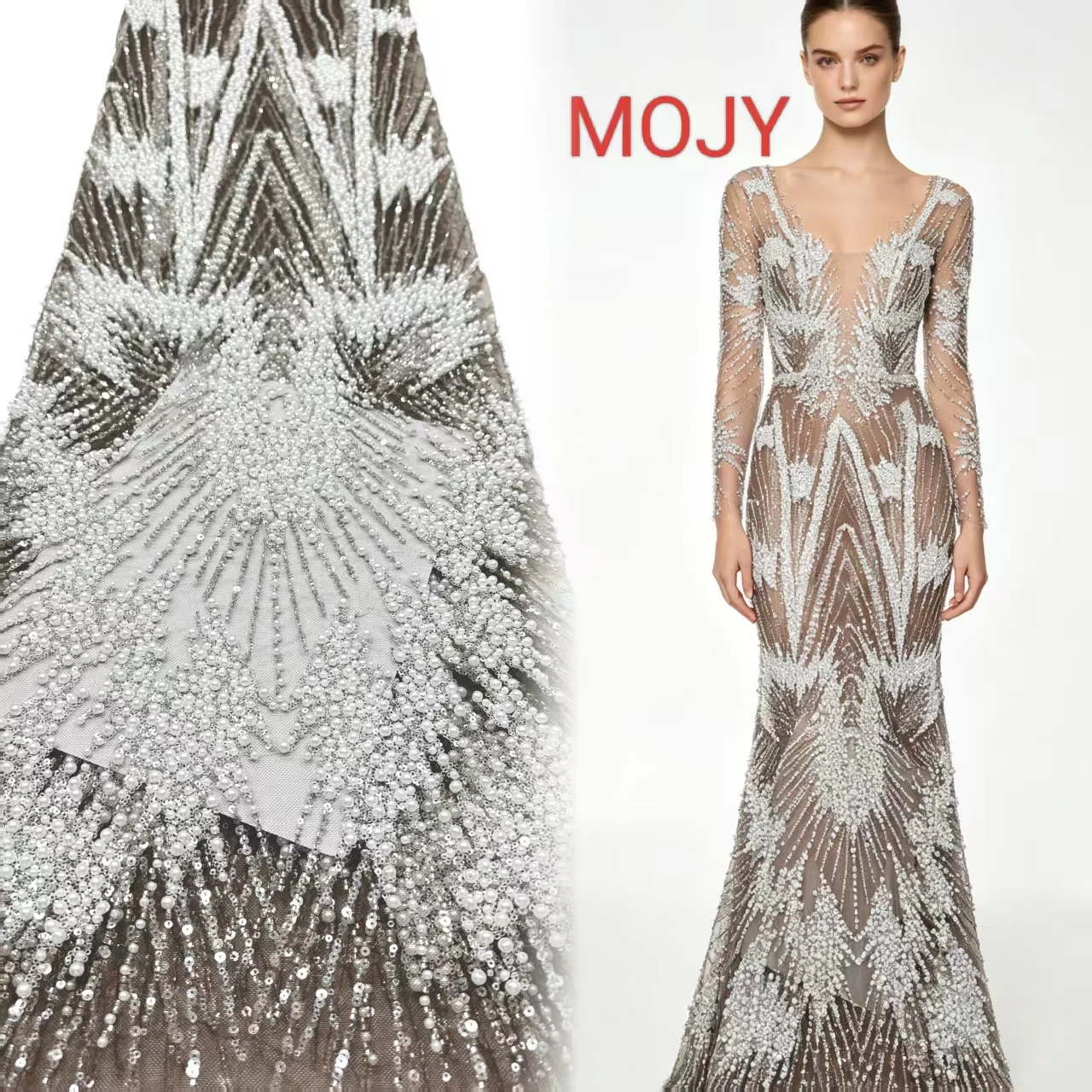 

ray Tulle Fabric Silver Pearl Rhinestone Heavy Beaded Fan Radiant Embroidery Mesh For Wedding Dress Evening Gown Red Carpet Prom