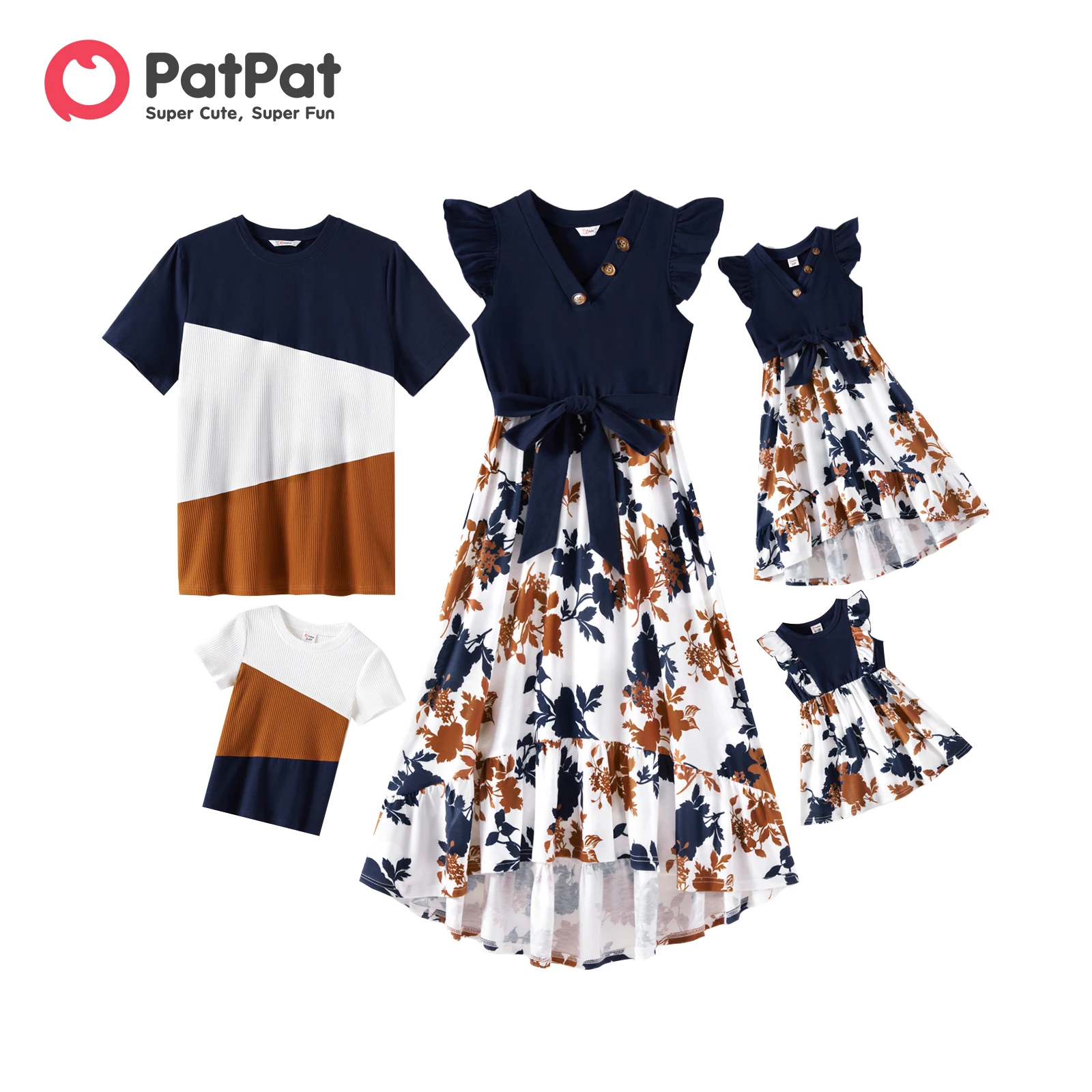 Patpat Familie passende Outfits Kurzarm geripptes T-Shirt und V-Ausschnitt Flatter ärmel gespleißt Blumen druck Kleid Familie Look Sets