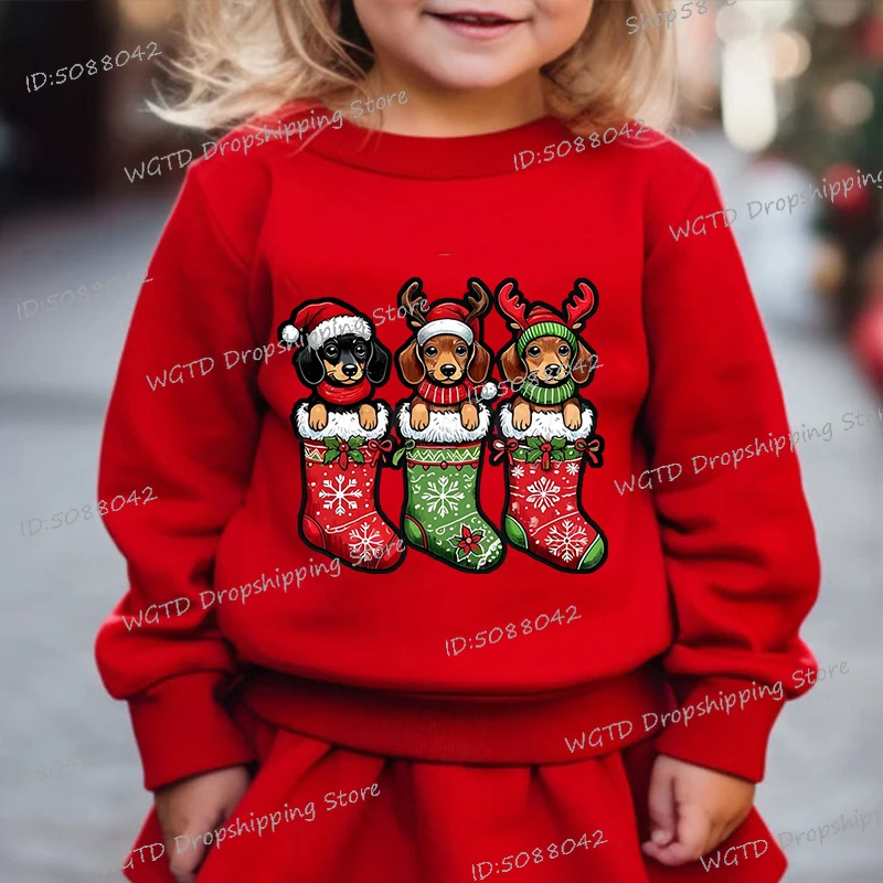 

Fashion Christmas Dachshund & Socks Print Sweatshirts Casual Girls Boys Cartoon Xmas Clothing Crewneck Long Sleeve Pullover