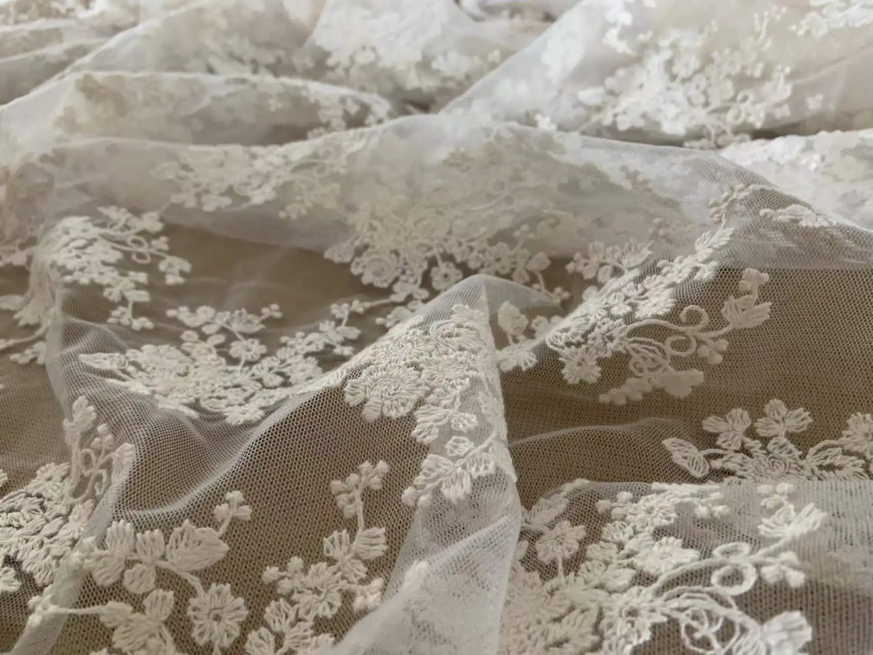 1 Yard Ecru Flower Mesh Lace Fabric with Embroidery Retro Floral Tulle Gauze for Home Decor,Wedding Dress,Curtain