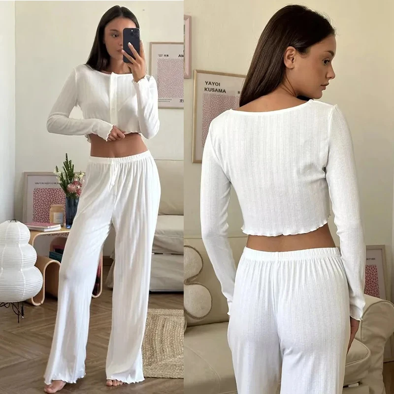 Spring and Autumn New Ladies Sexy Pajamas Homewear Suit Knitted Design Sense Containing Cotton Long-Sleeved Long Pants Suit