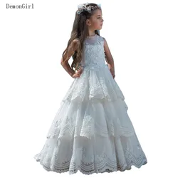 Fancy White Lace Girls Dresses Vestido Menina Flower Girls Dresses with Train Kids Prom Long A Line First Communion Dresses