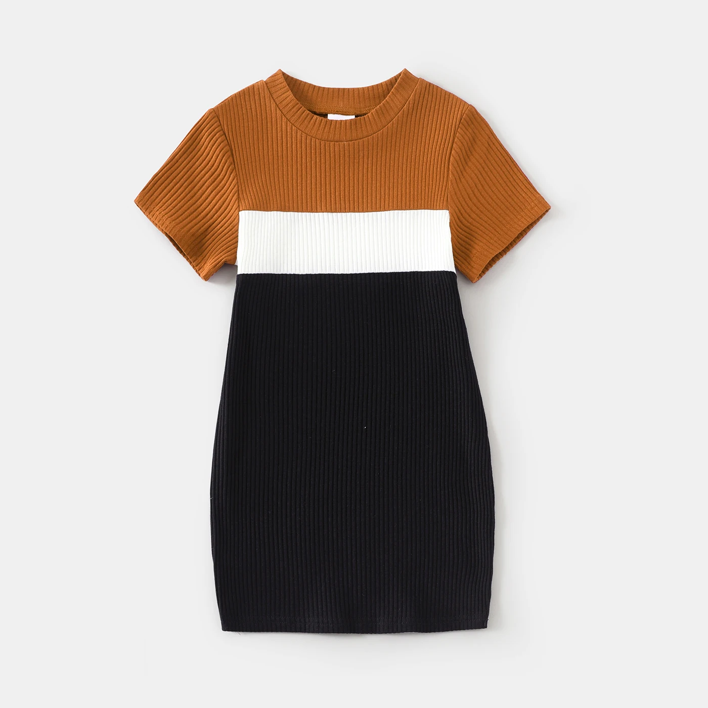 PatPat Familie Passenden Outfits Baumwolle kurzhülse Colorblock Rippe Stricken Mock Neck Bodycon Kleider und Tops Kurz-hülse t Sets