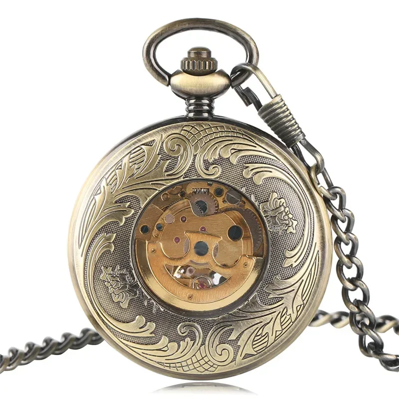 Bronze Hollow Mandarin Duck Pocket Watch Men Women Skeleton Automatic Mechanical Clock Roman Number Dial FOB Pendant Chain