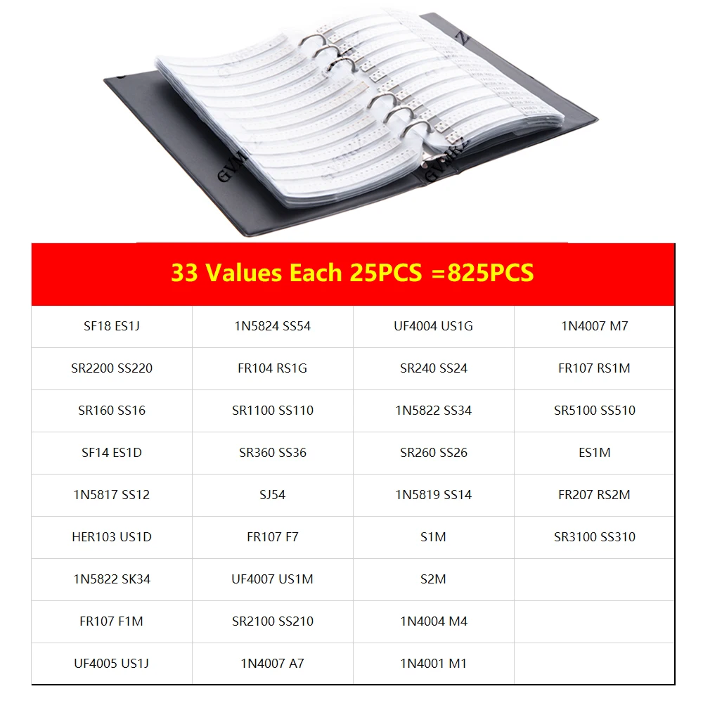 33Values SF18 1N5824 1N4007 SS220 RS1G SMA Rectifier Diode Sample Book Assortment Kit SS24 RS1M ES1D SS26 Integrated circuit