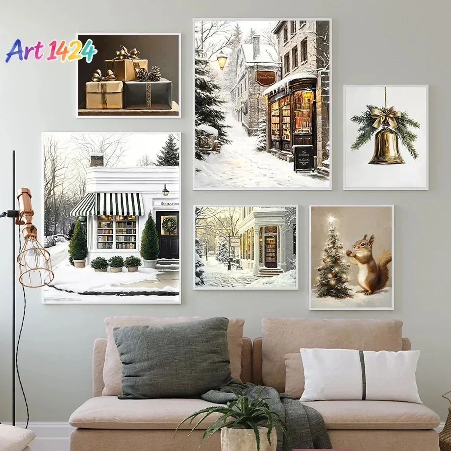 1pc frameless Canvas painting Winter Cabin Sleigh Snowman Christmas Tree Gift Squirrel Posters Prints Canvas Painting Wall Ar