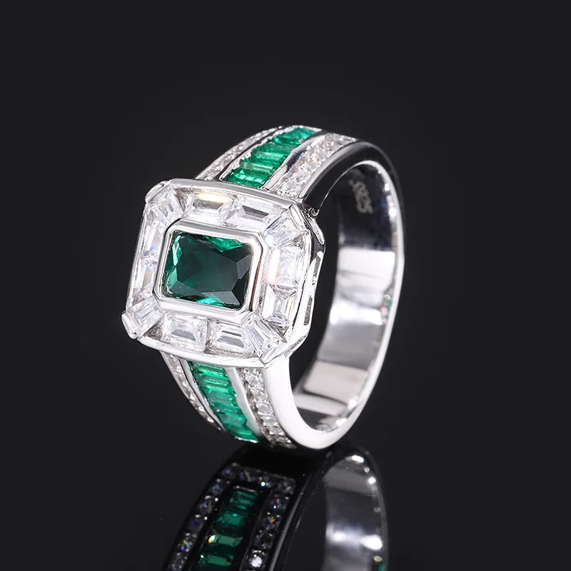 S925 Silver Treasure White Diamond Green Diamond Classic Square Diamond Emerald Ring Female Lead Stone 5 * 7
