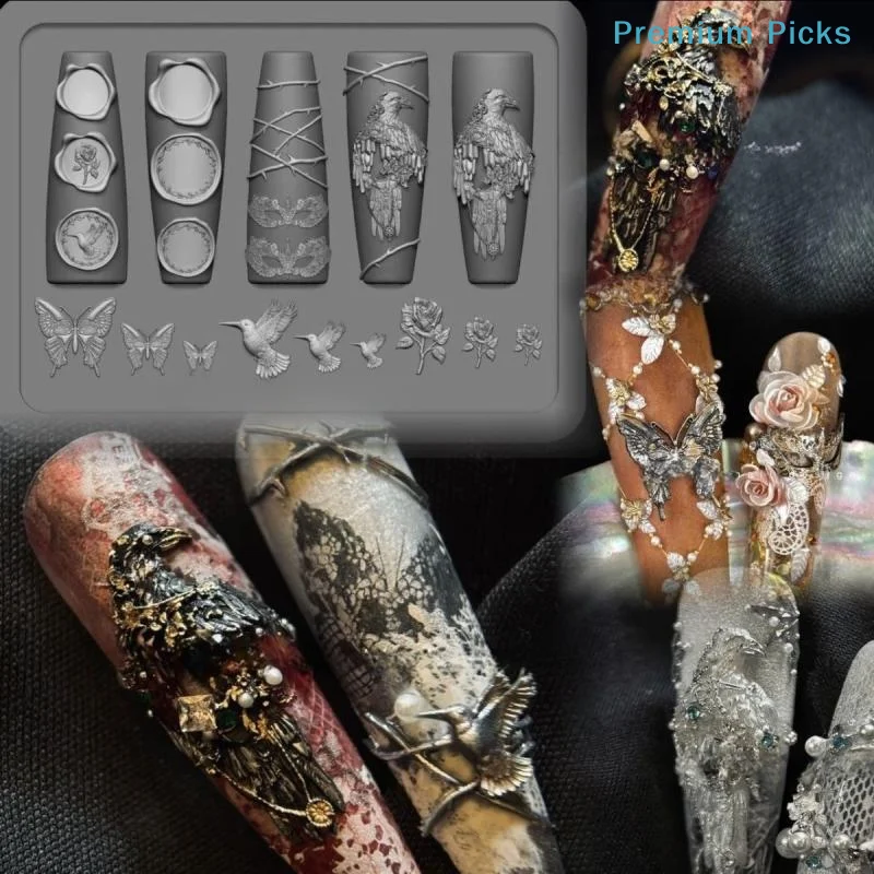 portableSilicone Nail Art Mold Retro Crow Rose Butterfly Night Eagle 3D Nail Art Decoration DIY Design Transparent Mold